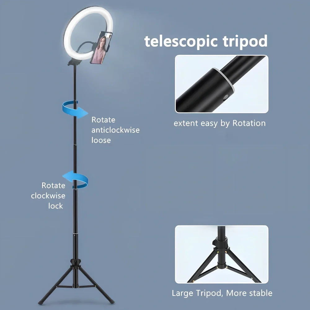 10-inch dimmable USB ring light with 160cm adjustable tripod and iPhone clip holder for selfies