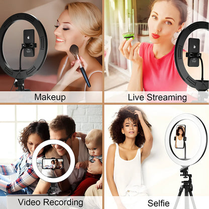 10-inch dimmable USB ring light with 160cm adjustable tripod and iPhone clip holder for selfies