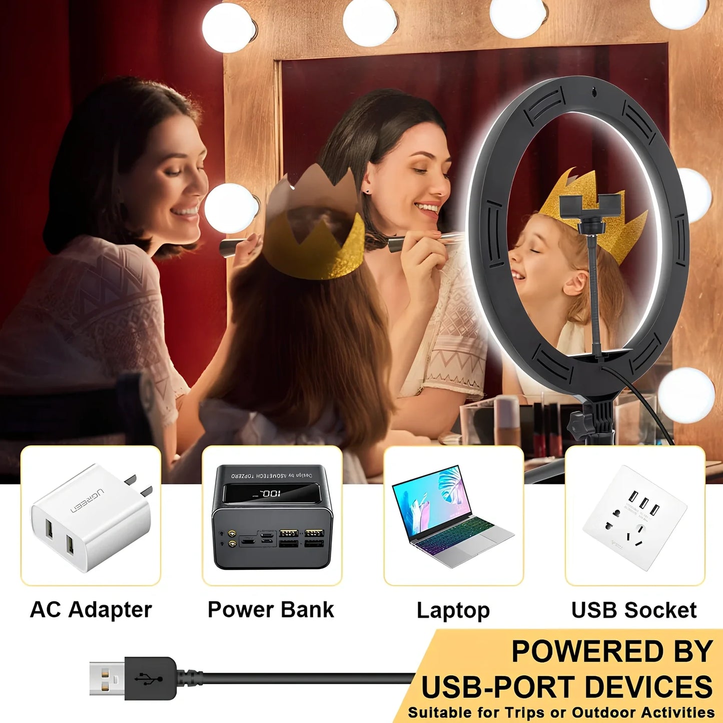 10-inch dimmable USB ring light with 160cm adjustable tripod and iPhone clip holder for selfies