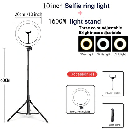 10-inch dimmable USB ring light with 160cm adjustable tripod and iPhone clip holder for selfies
