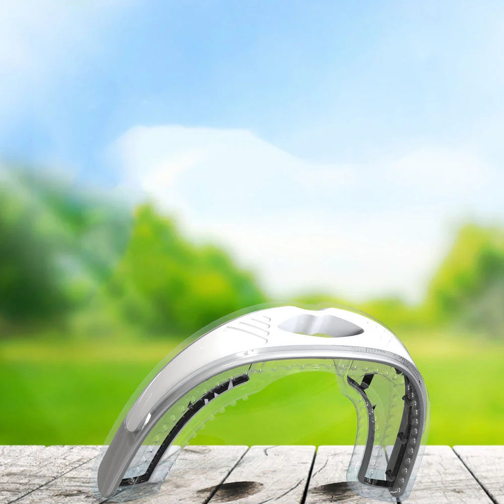 Food-grade silicone anti-snoring device in white and black, with storage box