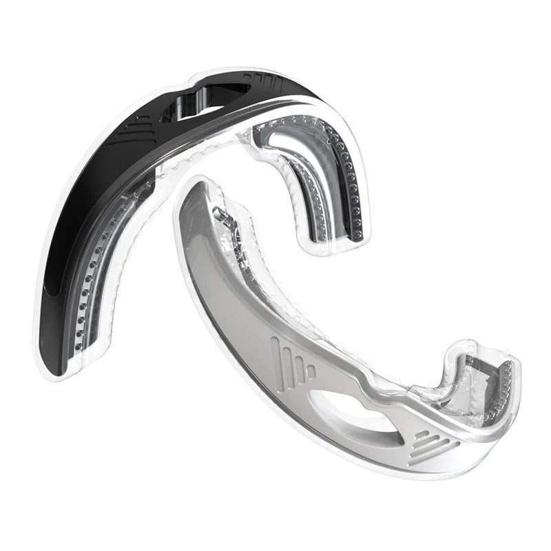 Food-grade silicone anti-snoring device in white and black, with storage box