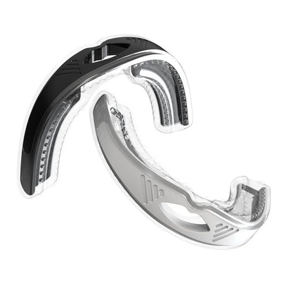 Food-grade silicone anti-snoring device in white and black, with storage box