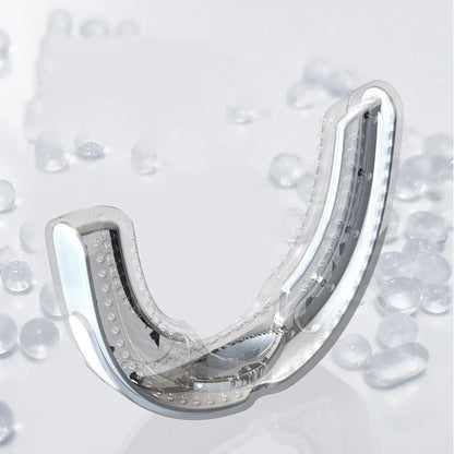 Food-grade silicone anti-snoring device in white and black, with storage box