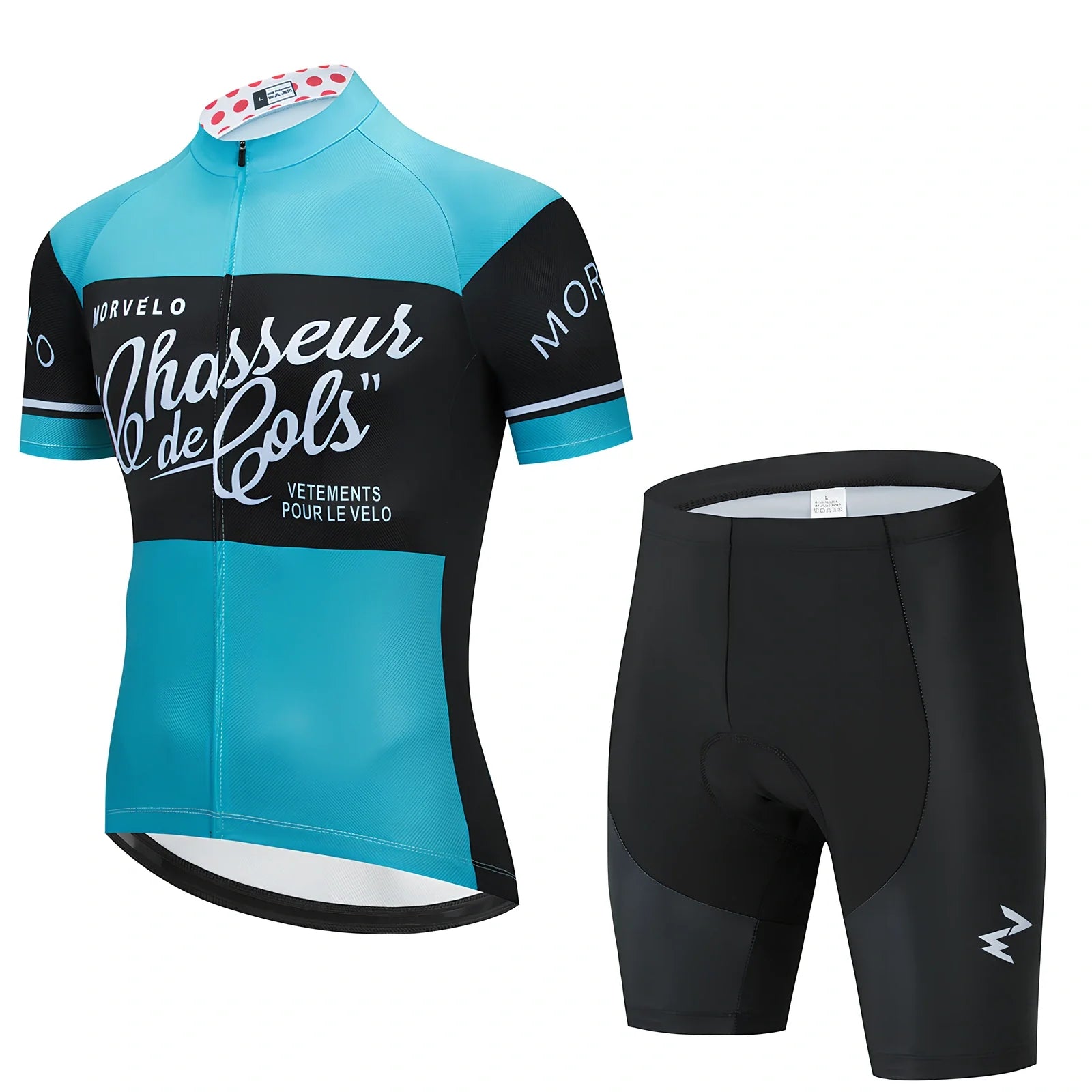 Summer cycling jersey and shorts set in moisture-wicking fabric with size range XS to 4XL