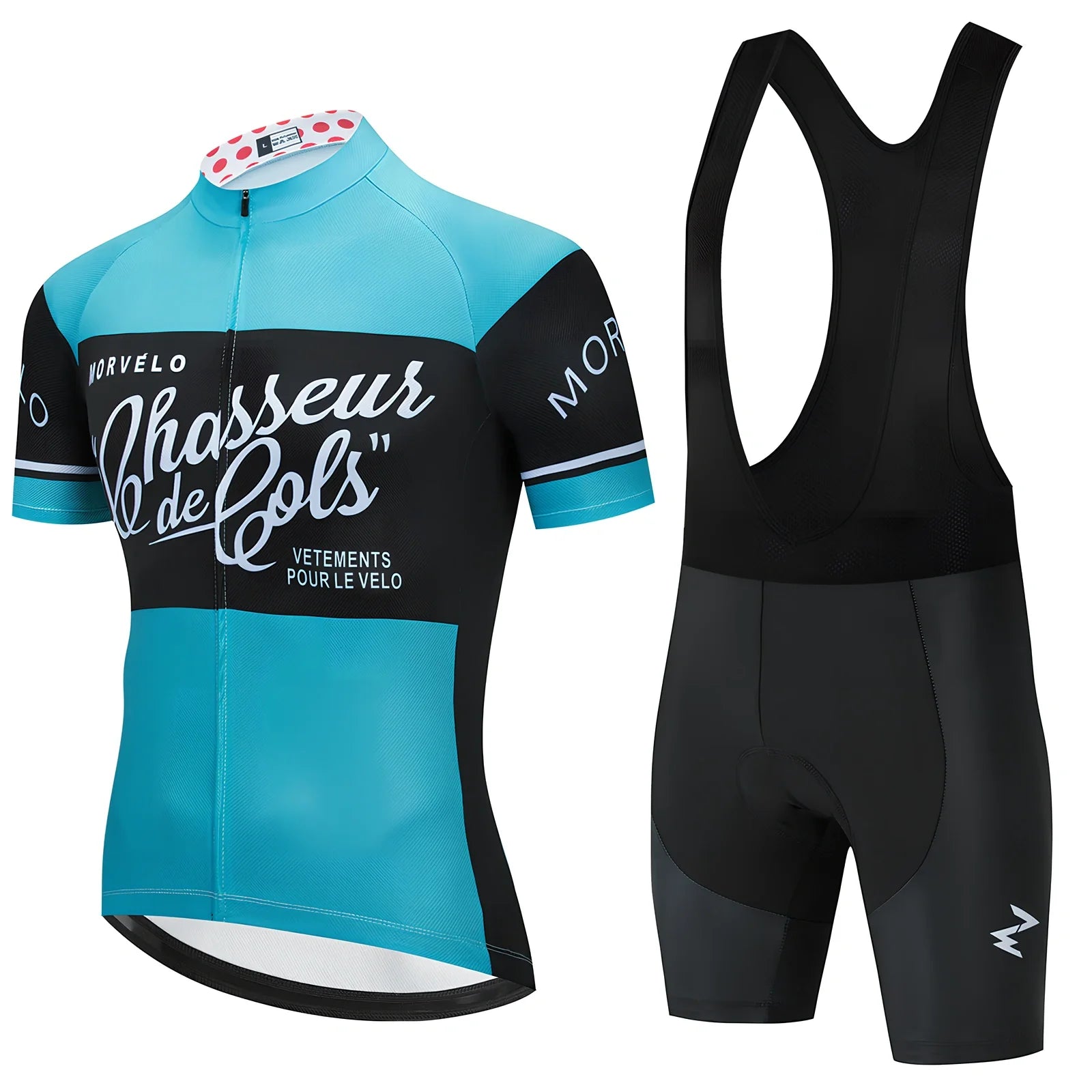 Summer cycling jersey and shorts set in moisture-wicking fabric with size range XS to 4XL