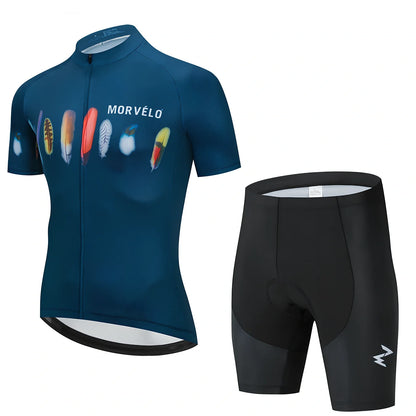 Summer cycling jersey and shorts set in moisture-wicking fabric with size range XS to 4XL