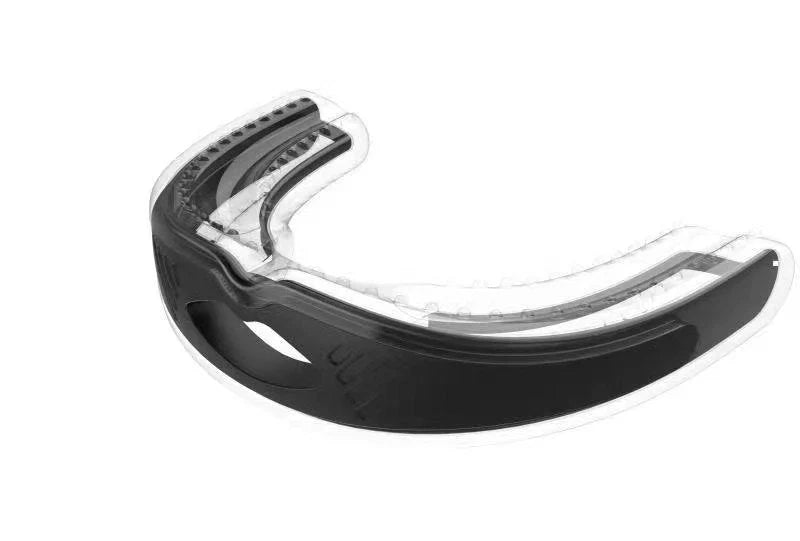 Food-grade silicone anti-snoring device in white and black, with storage box