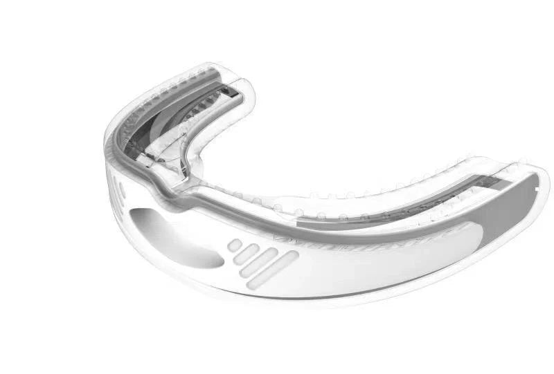 Food-grade silicone anti-snoring device in white and black, with storage box