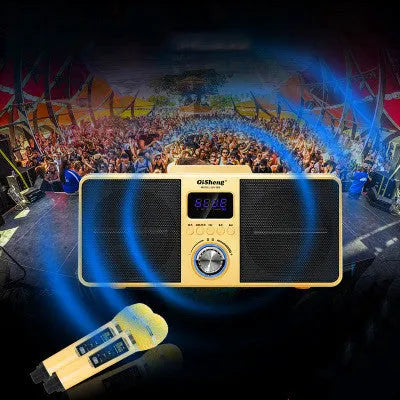 Black home KTV Bluetooth speaker with dual wireless microphones on display
