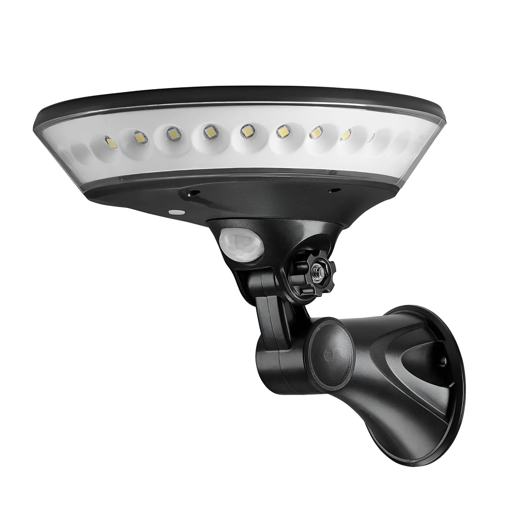 White ABS plastic solar-powered garden light with 360-degree LED illumination panel.