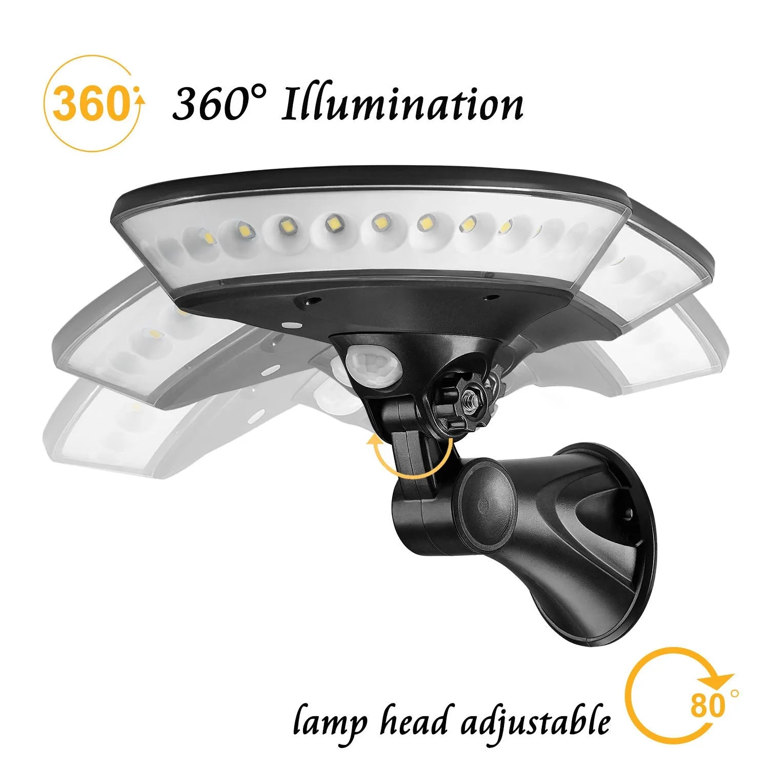 White ABS plastic solar-powered garden light with 360-degree LED illumination panel.