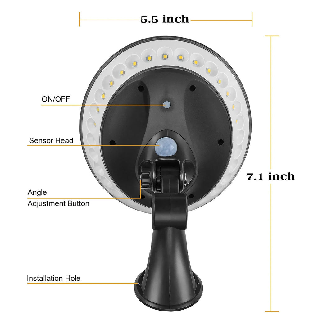 White ABS plastic solar-powered garden light with 360-degree LED illumination panel.