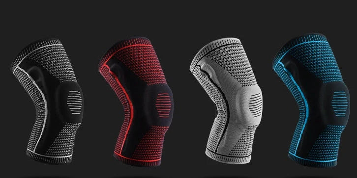 Silicone spring patella knee pads for sports in grey, blue, red, and black
