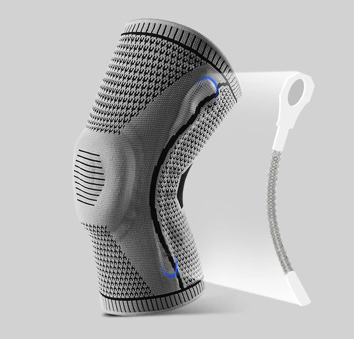 Silicone spring patella knee pads for sports in grey, blue, red, and black