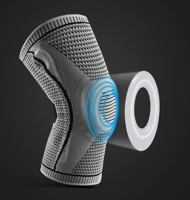 Silicone spring patella knee pads for sports in grey, blue, red, and black