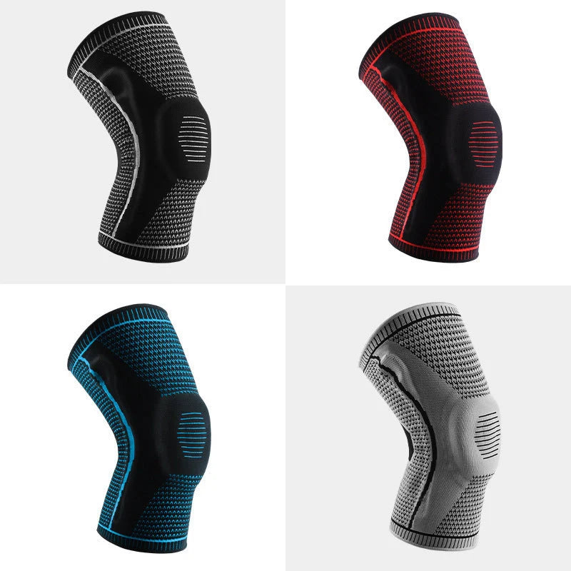 Silicone spring patella knee pads for sports in grey, blue, red, and black