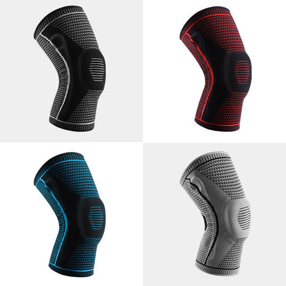 Silicone spring patella knee pads for sports in grey, blue, red, and black