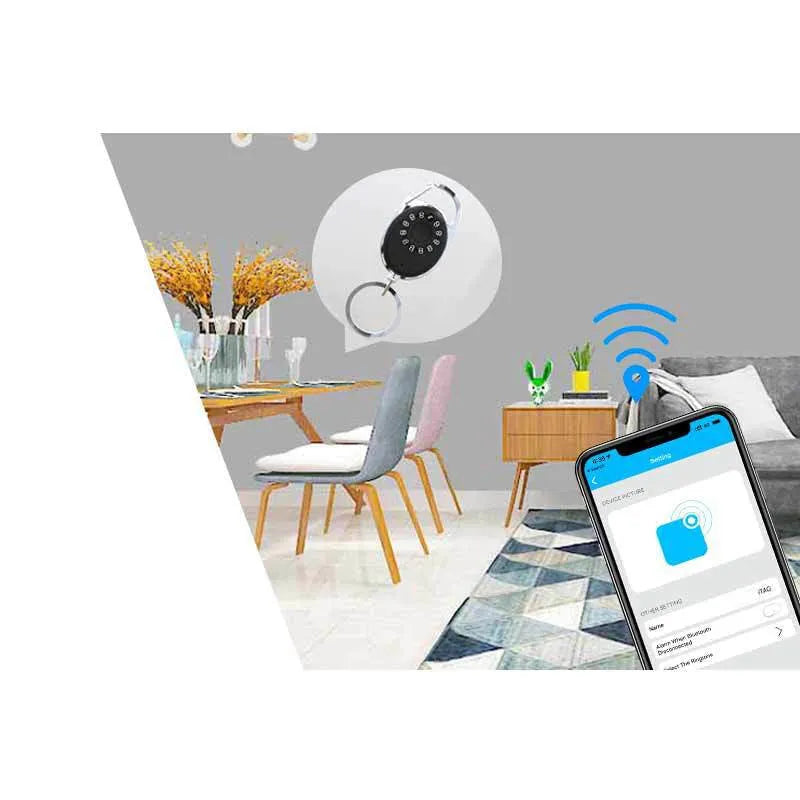 Black Bluetooth anti-lost tracker keychain compatible with Apple Find My network on a metal key ring