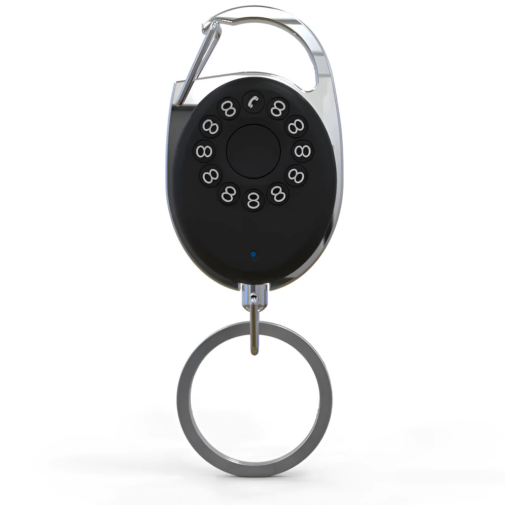 Black Bluetooth anti-lost tracker keychain compatible with Apple Find My network on a metal key ring