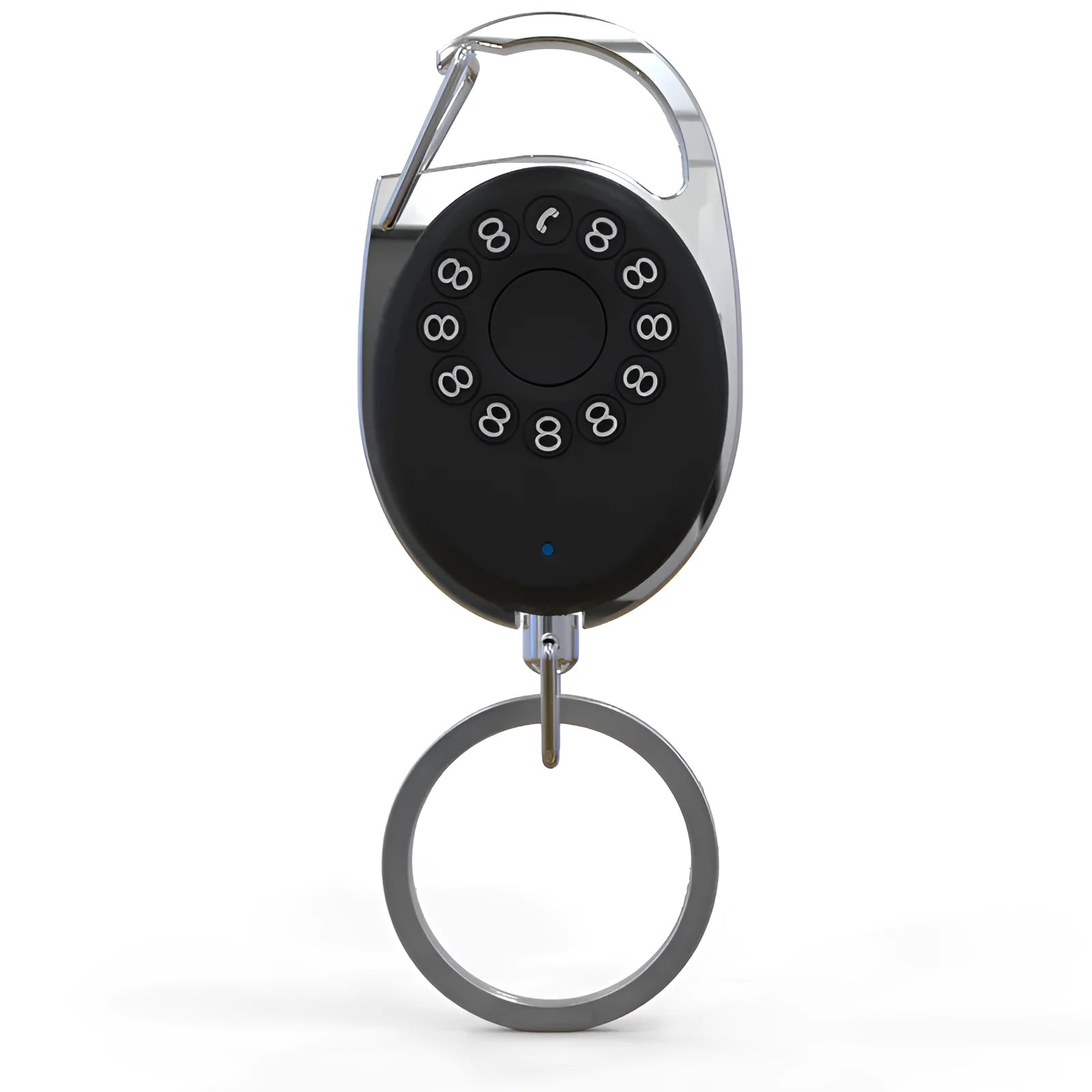 Black Bluetooth anti-lost tracker keychain compatible with Apple Find My network on a metal key ring