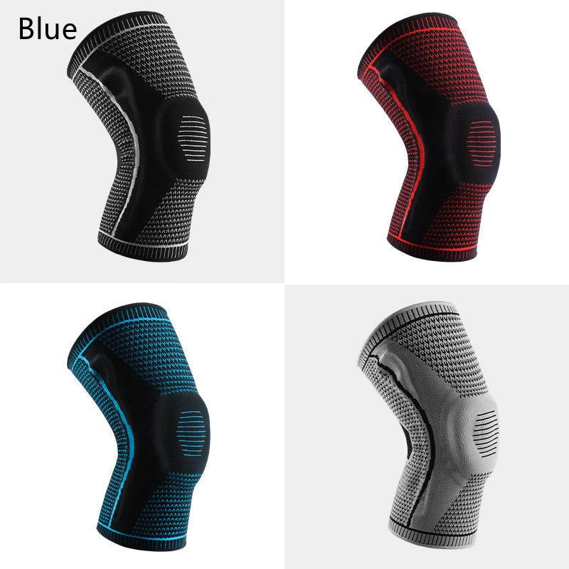 Silicone spring patella knee pads for sports in grey, blue, red, and black