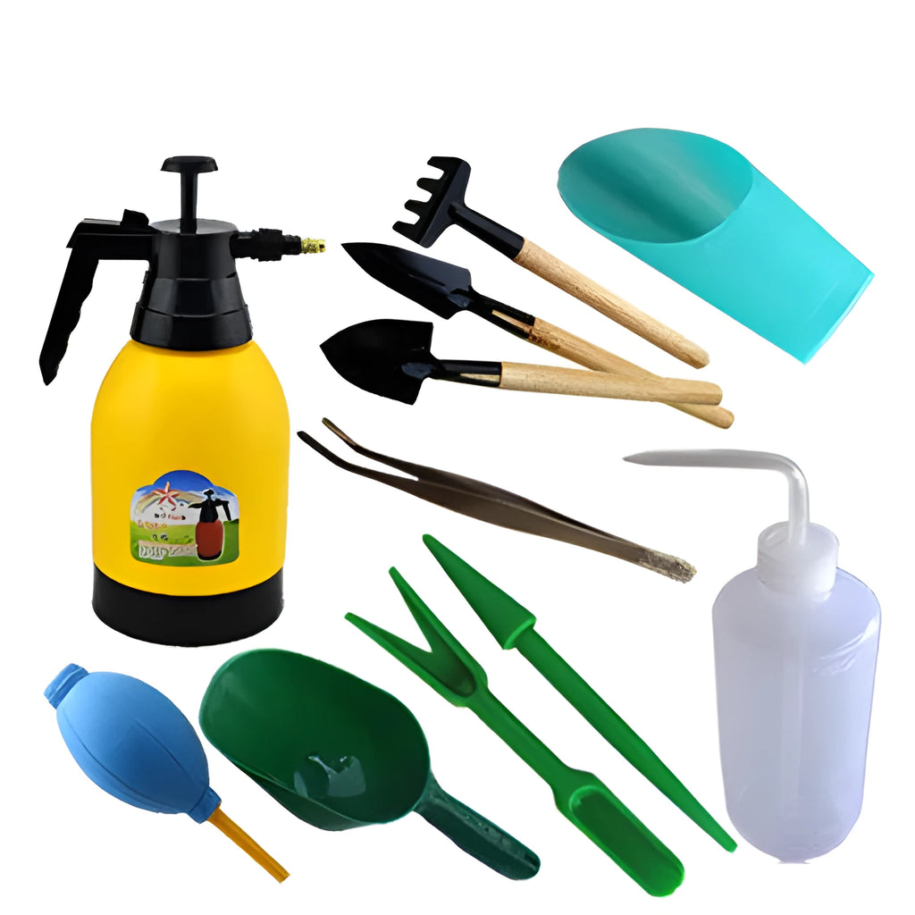 Succulent gardening tools set with non-woven fabric tools, spray bottle, measuring cup, and blue seedling cloth.
