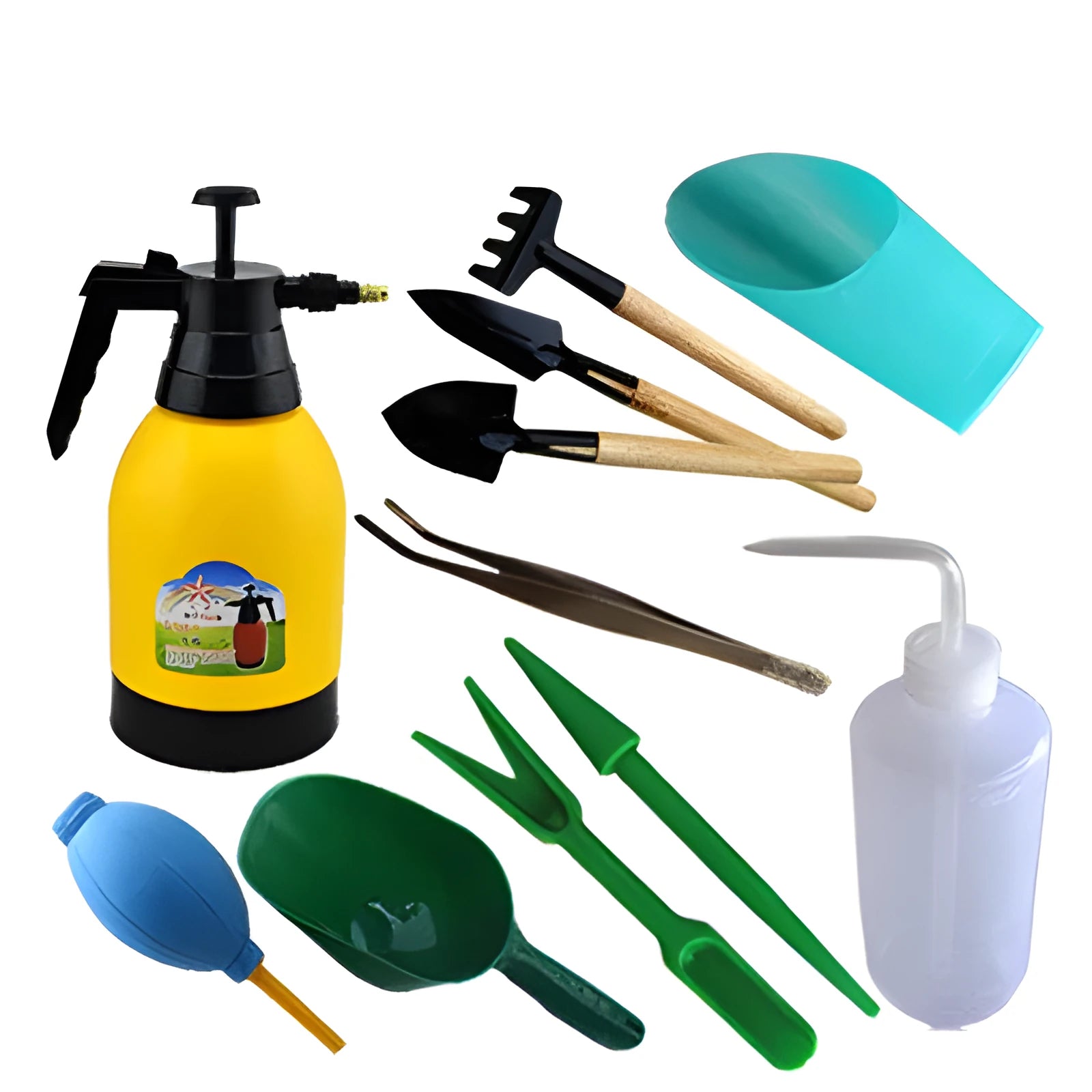 Succulent gardening tools set with non-woven fabric tools, spray bottle, measuring cup, and blue seedling cloth.