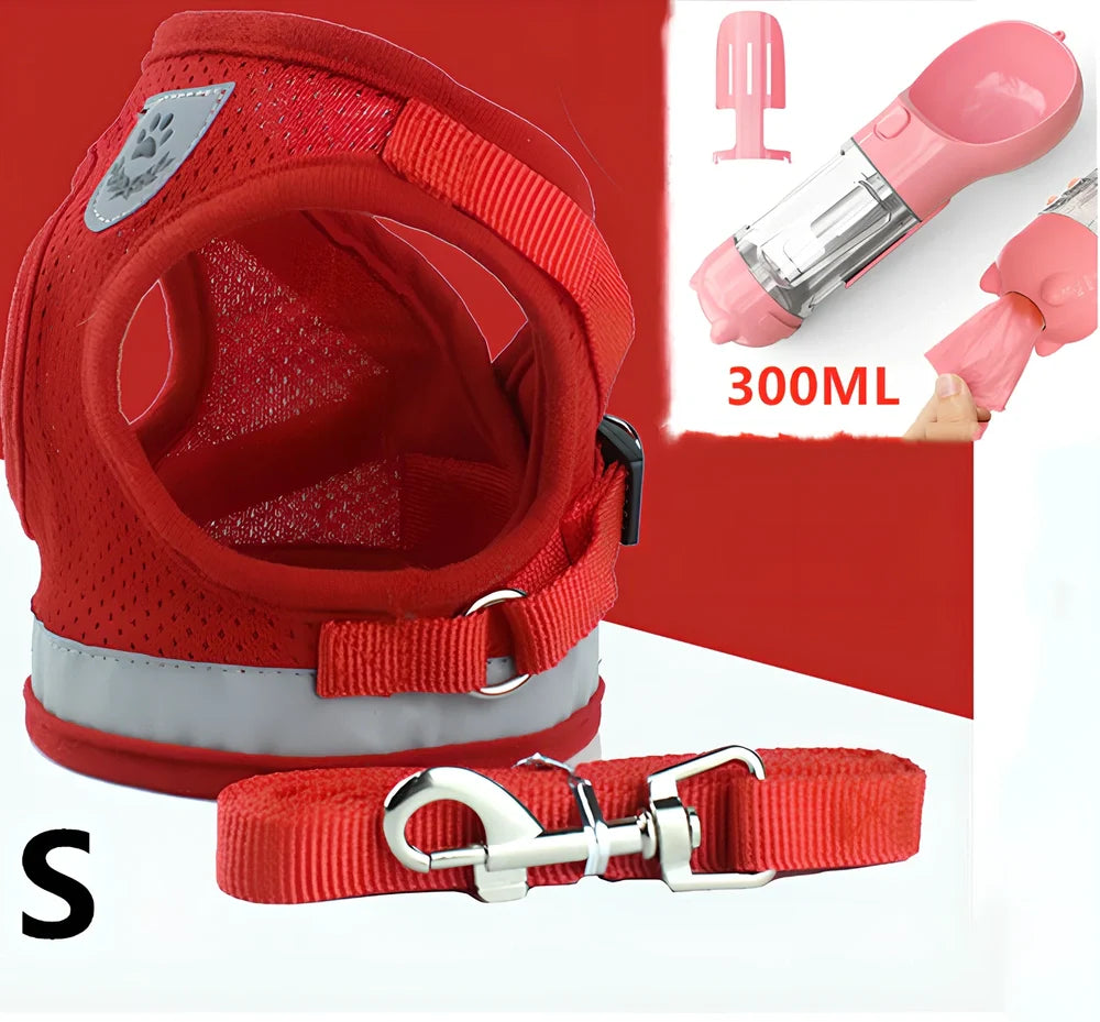 Blue breathable mesh pet harness with reflective belt, adjustable for 1.5-10kg dogs, includes 120cm towing rope for safe walks