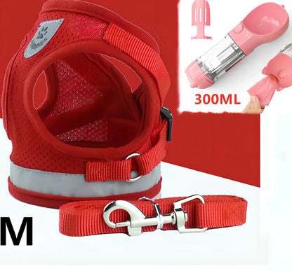 Blue breathable mesh pet harness with reflective belt, adjustable for 1.5-10kg dogs, includes 120cm towing rope for safe walks