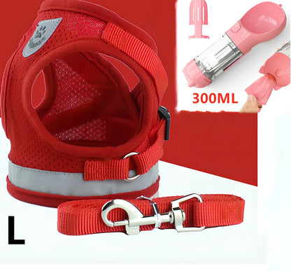 Blue breathable mesh pet harness with reflective belt, adjustable for 1.5-10kg dogs, includes 120cm towing rope for safe walks