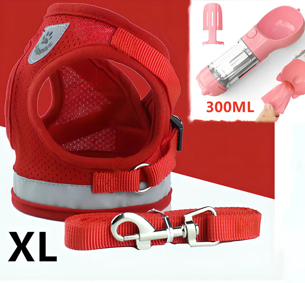 Blue breathable mesh pet harness with reflective belt, adjustable for 1.5-10kg dogs, includes 120cm towing rope for safe walks