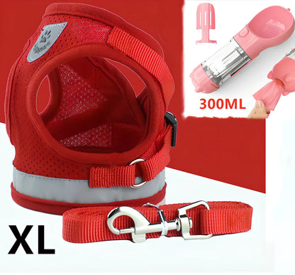 Blue breathable mesh pet harness with reflective belt, adjustable for 1.5-10kg dogs, includes 120cm towing rope for safe walks