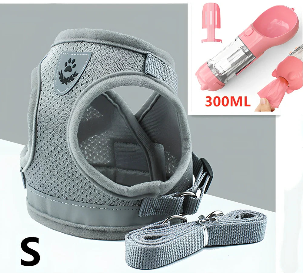 Blue breathable mesh pet harness with reflective belt, adjustable for 1.5-10kg dogs, includes 120cm towing rope for safe walks