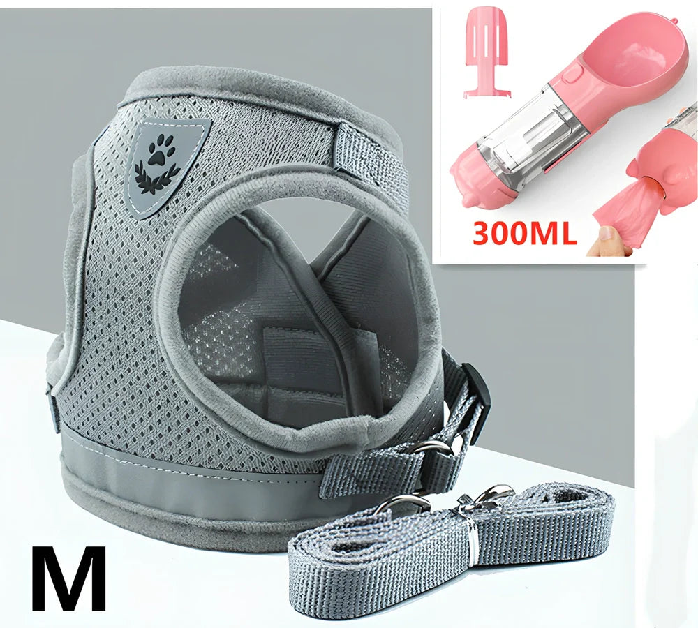 Blue breathable mesh pet harness with reflective belt, adjustable for 1.5-10kg dogs, includes 120cm towing rope for safe walks