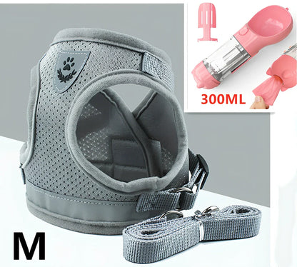 Blue breathable mesh pet harness with reflective belt, adjustable for 1.5-10kg dogs, includes 120cm towing rope for safe walks