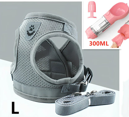 Blue breathable mesh pet harness with reflective belt, adjustable for 1.5-10kg dogs, includes 120cm towing rope for safe walks