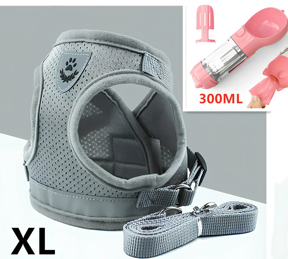 Blue breathable mesh pet harness with reflective belt, adjustable for 1.5-10kg dogs, includes 120cm towing rope for safe walks