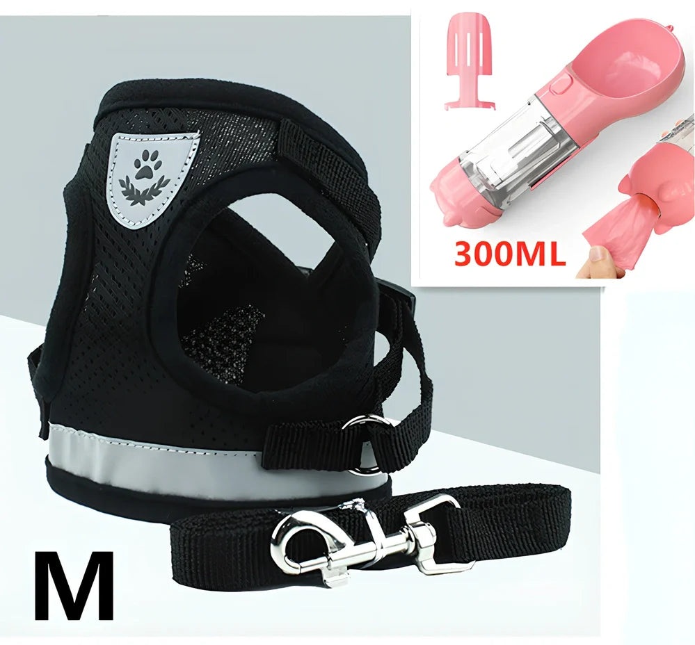 Blue breathable mesh pet harness with reflective belt, adjustable for 1.5-10kg dogs, includes 120cm towing rope for safe walks