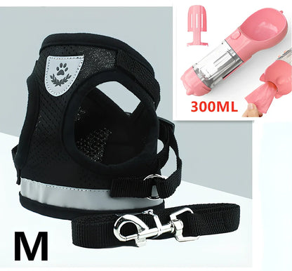 Blue breathable mesh pet harness with reflective belt, adjustable for 1.5-10kg dogs, includes 120cm towing rope for safe walks