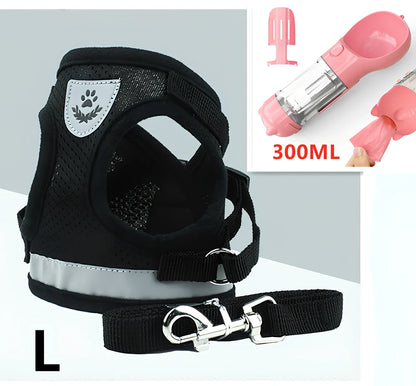 Blue breathable mesh pet harness with reflective belt, adjustable for 1.5-10kg dogs, includes 120cm towing rope for safe walks