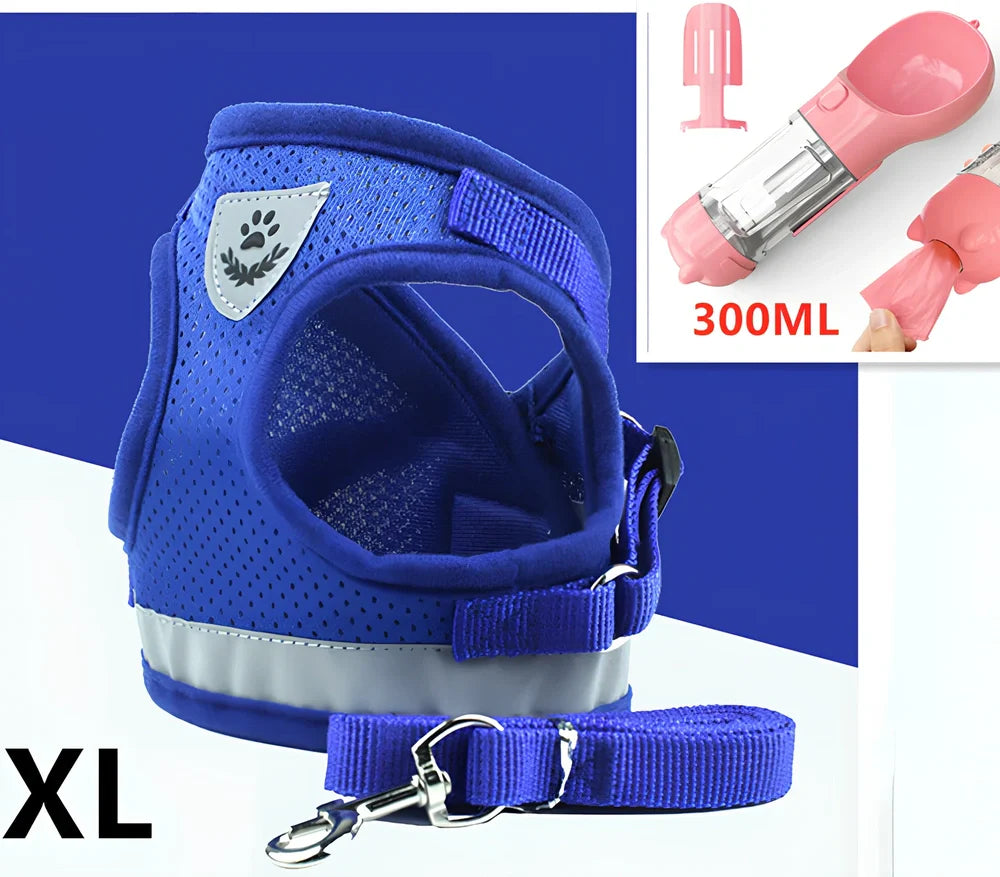 Blue breathable mesh pet harness with reflective belt, adjustable for 1.5-10kg dogs, includes 120cm towing rope for safe walks