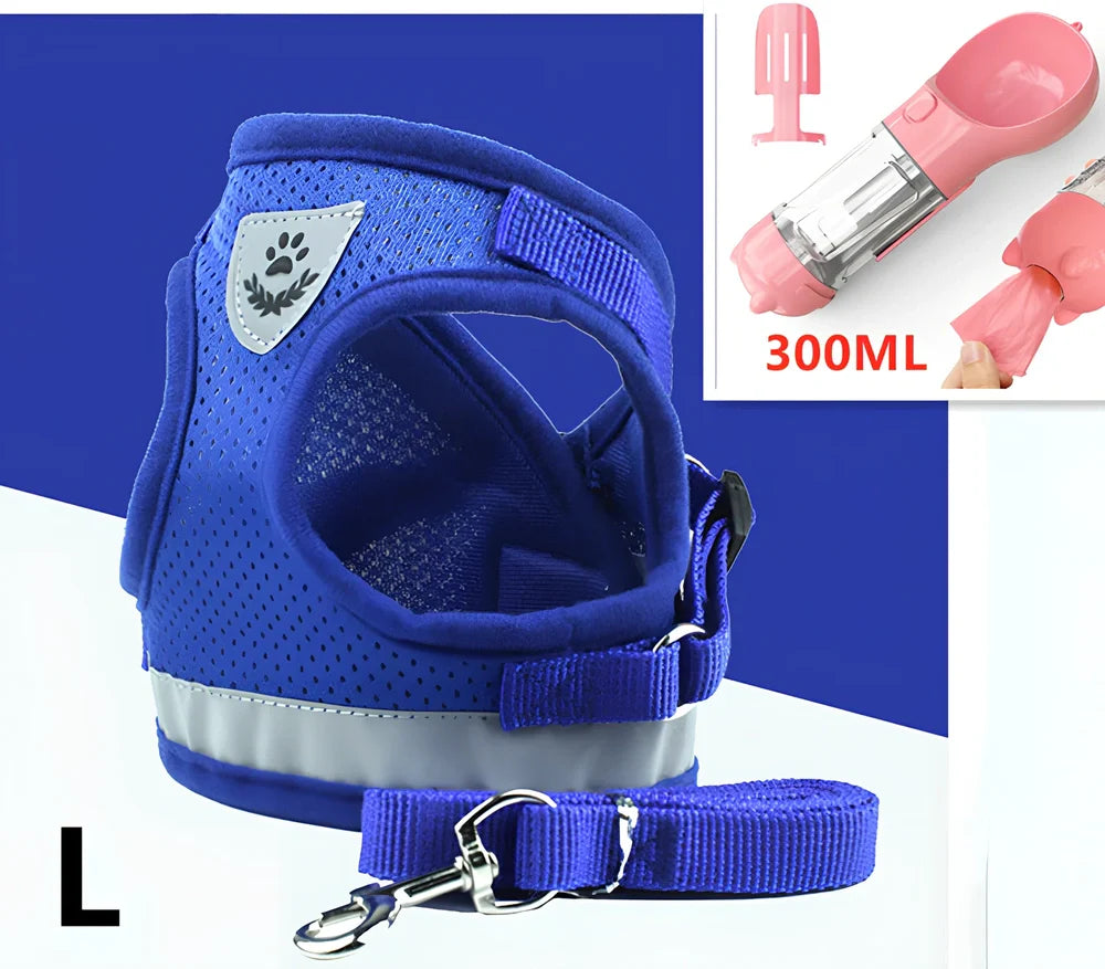 Blue breathable mesh pet harness with reflective belt, adjustable for 1.5-10kg dogs, includes 120cm towing rope for safe walks