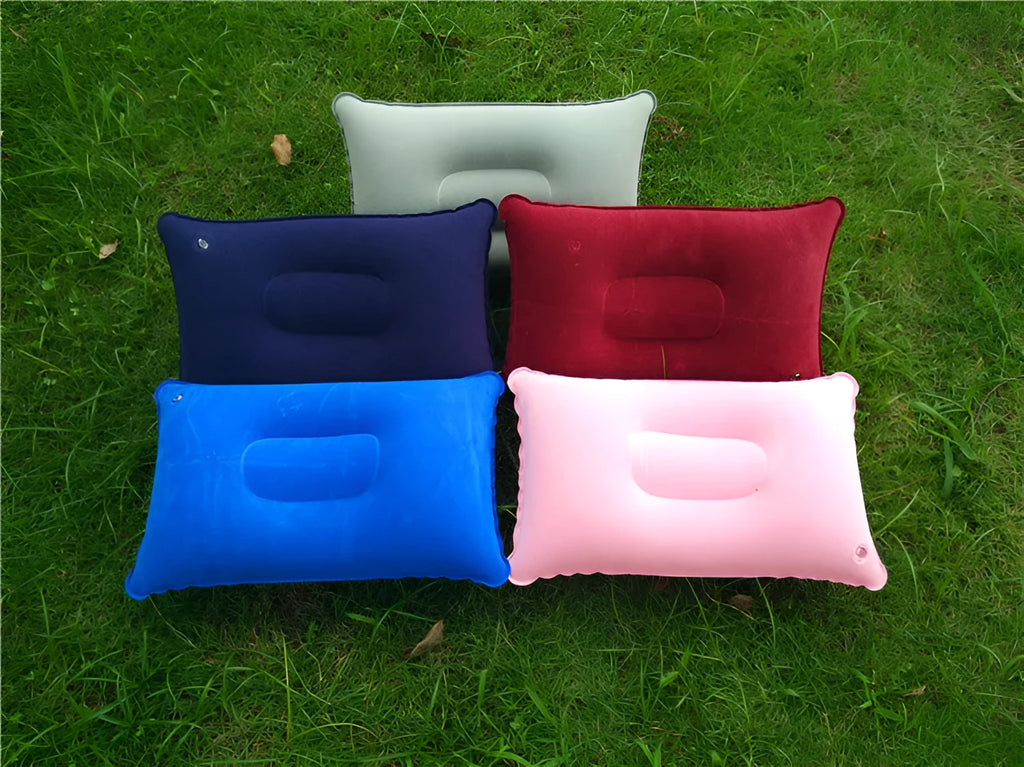 Wholesale outdoor PVC inflatable pillow with thick flocking in rectangular shape 38x24cm for camping travel, shown in grey