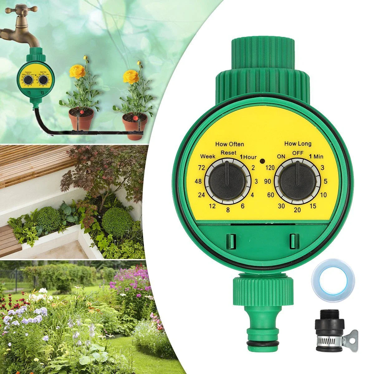 Programmable garden watering timer with LCD display, automatic irrigation control, and durable ABS construction