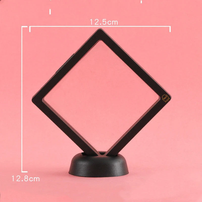 3D floating jewelry display stand showcasing earrings and coins in mid-air