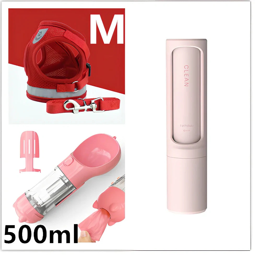 Blue breathable mesh pet harness with reflective belt, adjustable for 1.5-10kg dogs, includes 120cm towing rope for safe walks