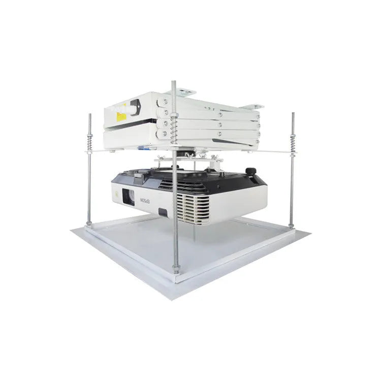 Motorised aluminium projector lifting hanger with steel base plate and wireless remote control.