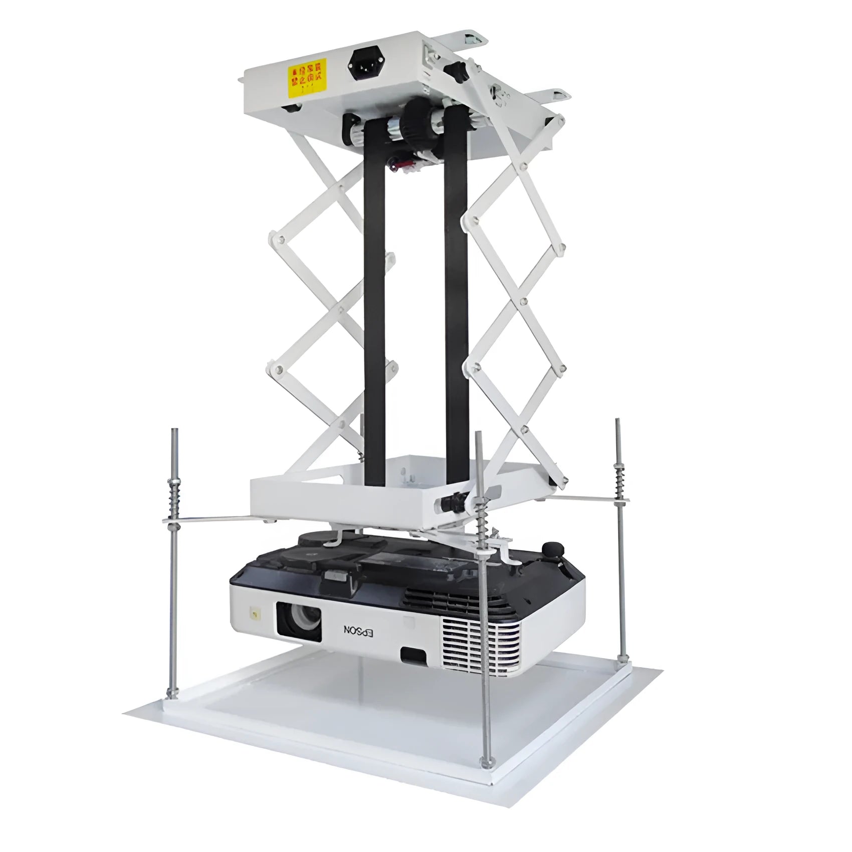 Motorised aluminium projector lifting hanger with steel base plate and wireless remote control.