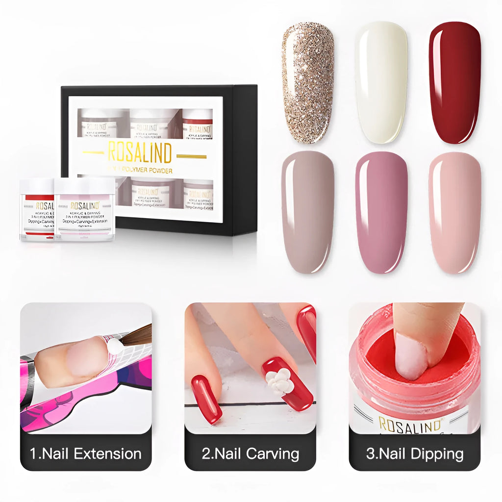 3 in 1 dipping powder nail kit with six colours in compact 88x32x123mm case